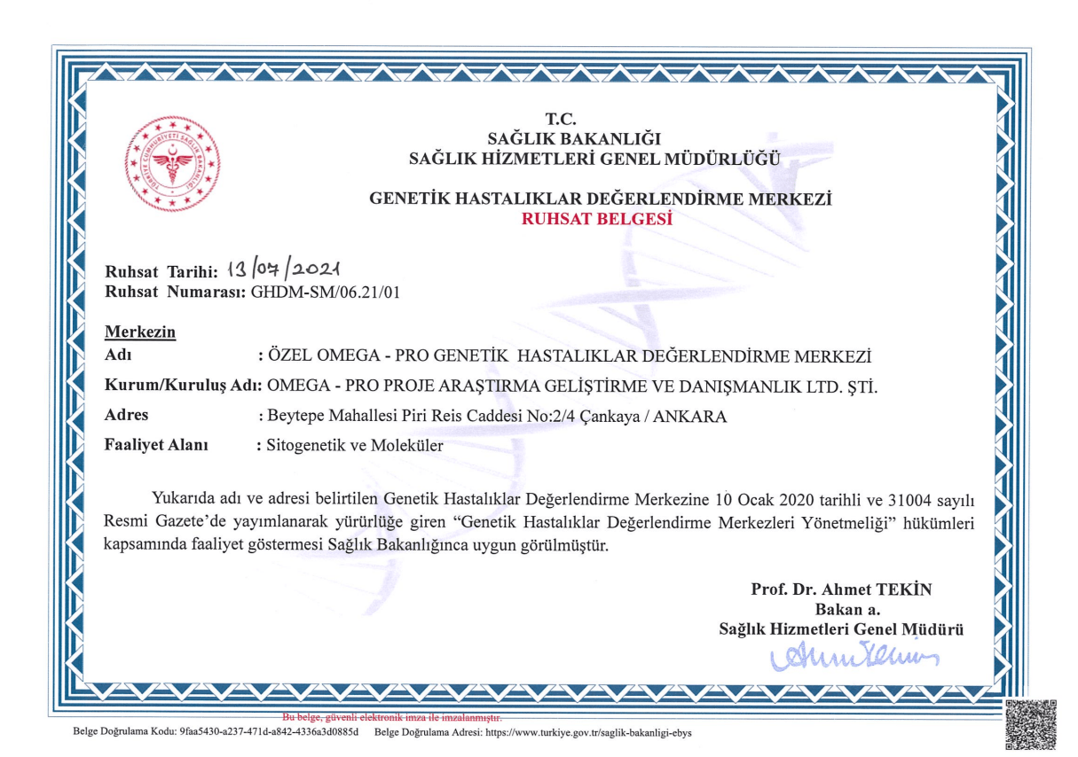Lizenzurkunde des türkischen Gesundheitsministeriums für das Zentrum für die Beurteilung genetischer Erkrankungen